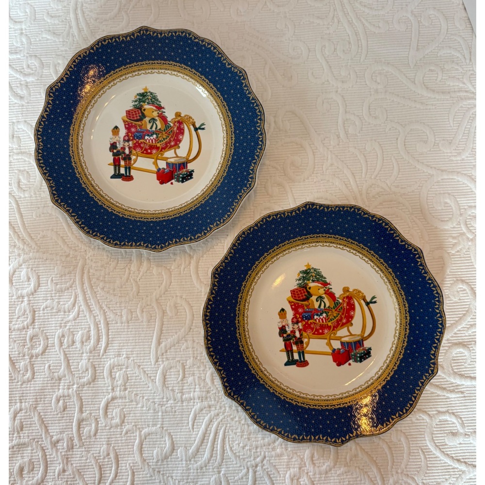 Robert Stanley Home for Christmas Sleigh Nutcracker Cobalt Blue Plates Set of 2‎